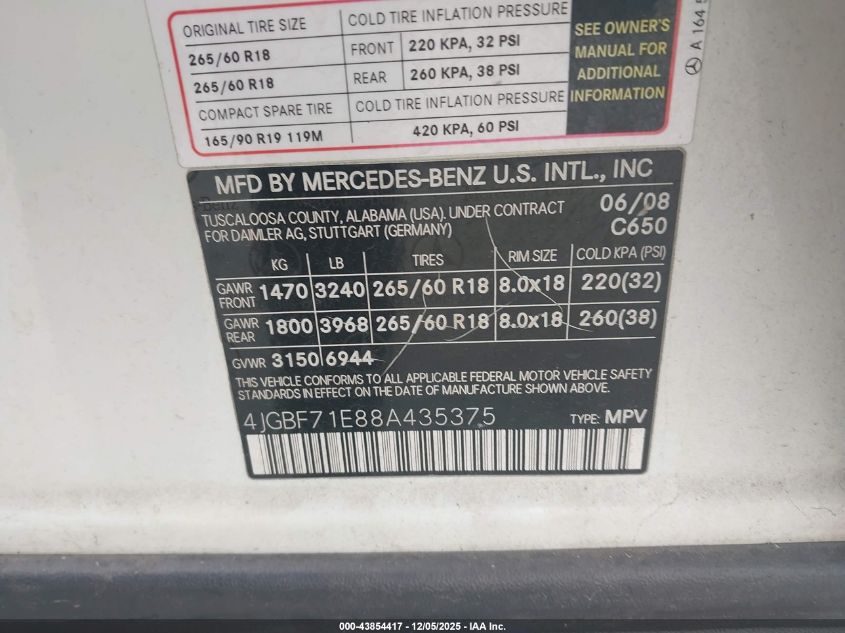 2008 Mercedes-Benz Gl 450 4Matic VIN: 4JGBF71E88A435375 Lot: 43854417