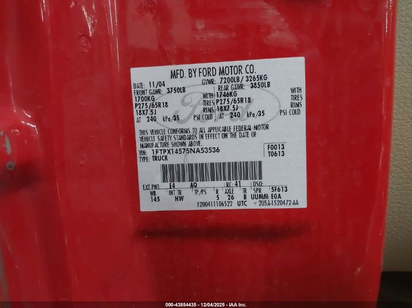 2005 Ford F-150 Fx4/Lariat/Xl/Xlt VIN: 1FTPX14575NA53536 Lot: 43854435