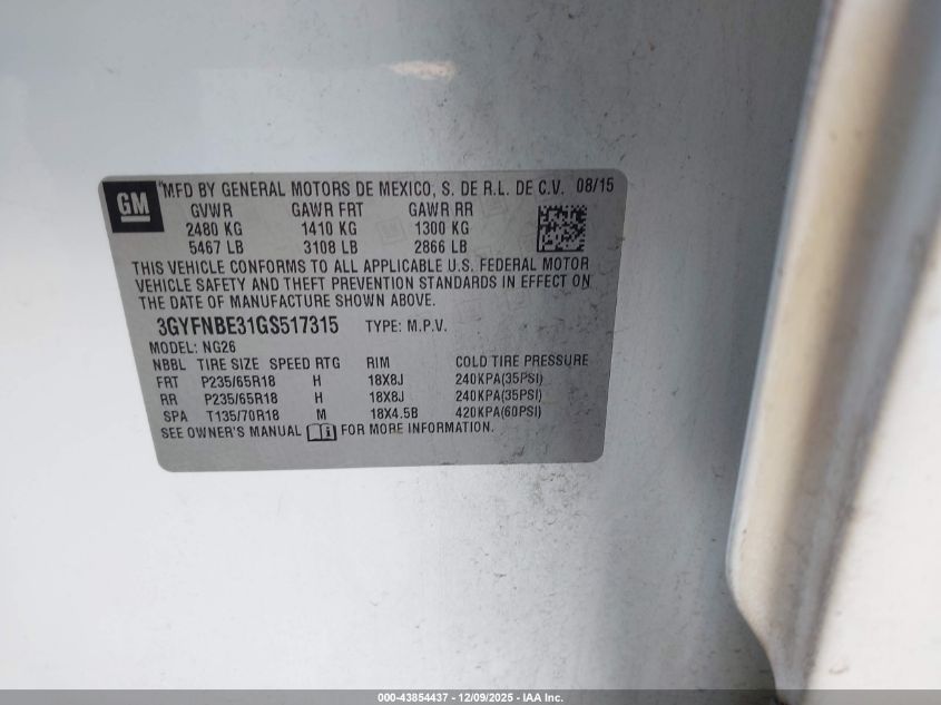 2016 Cadillac Srx Luxury Collection VIN: 3GYFNBE31GS517315 Lot: 43854437