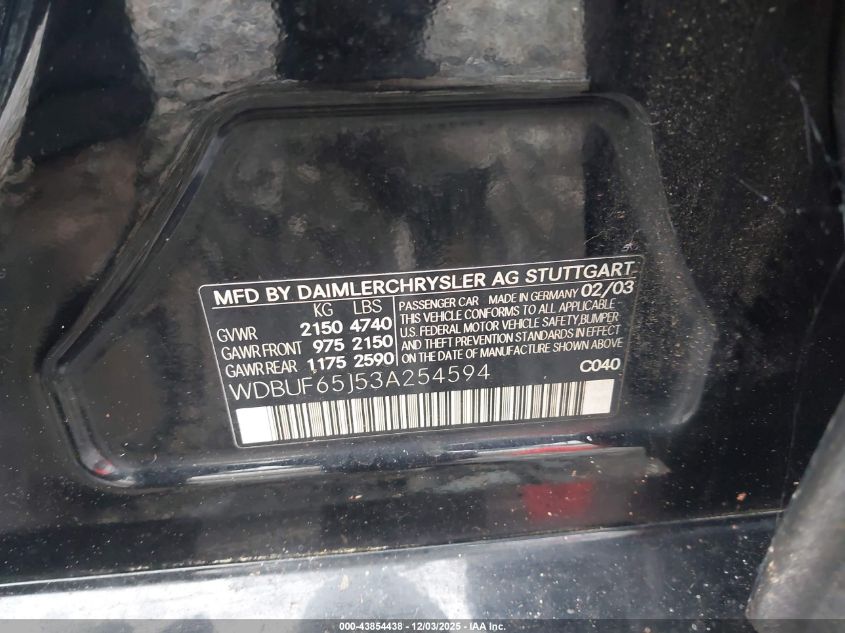 2003 Mercedes-Benz E 320 VIN: WDBUF65J53A254594 Lot: 43854438