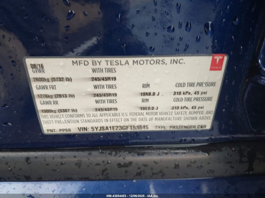 2016 Tesla Model S 60D/70D/75D/85D/90D VIN: 5YJSA1E23GF153845 Lot: 43854453