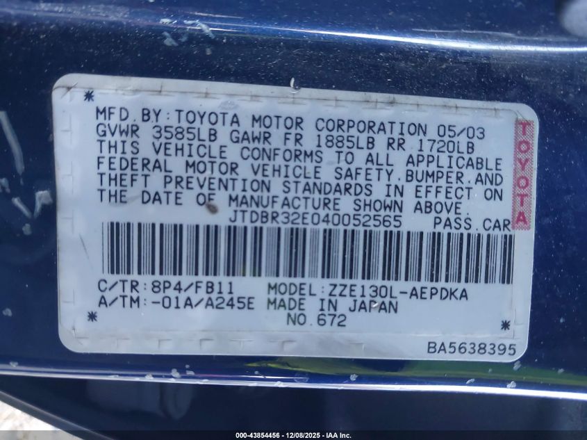 2004 Toyota Corolla Ce VIN: JTDBR32E040052565 Lot: 43854456