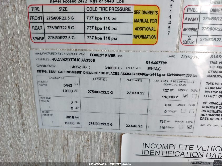 2017 Freightliner Chassis Xc VIN: 4UZAB2DT0HCJA3306 Lot: 43854459