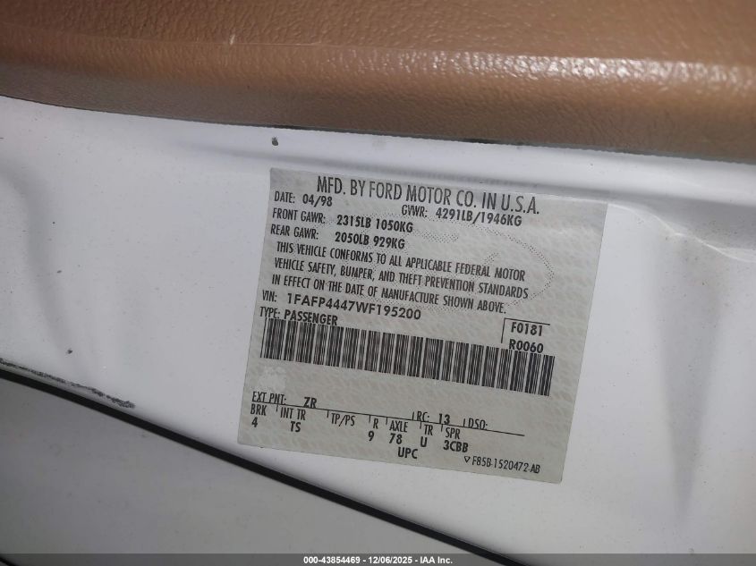 1998 Ford Mustang VIN: 1FAFP4447WF195200 Lot: 43854469