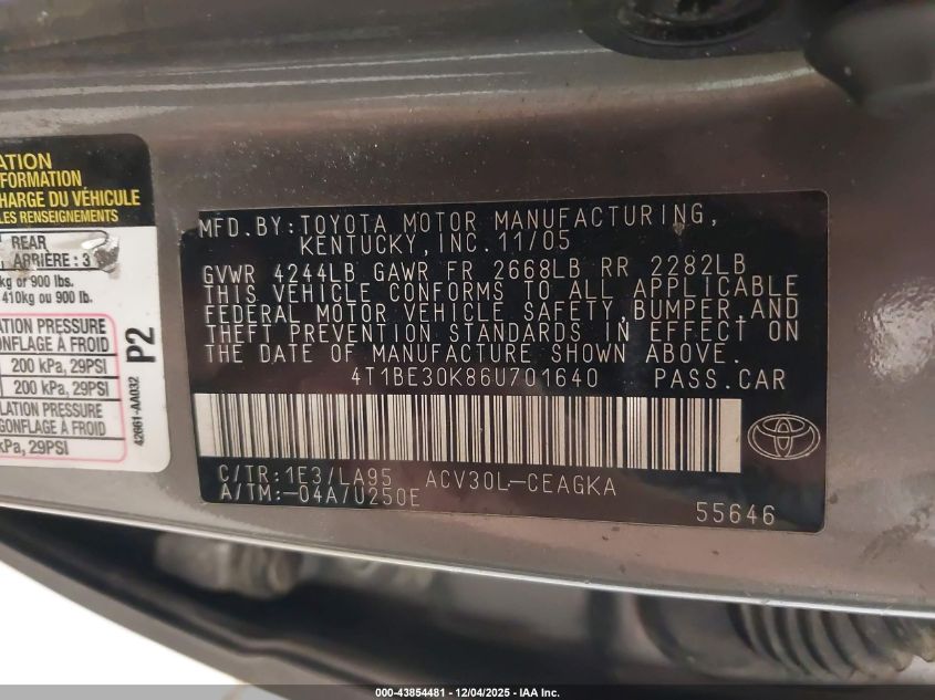 2006 Toyota Camry Xle VIN: 4T1BE30K86U701640 Lot: 43854481