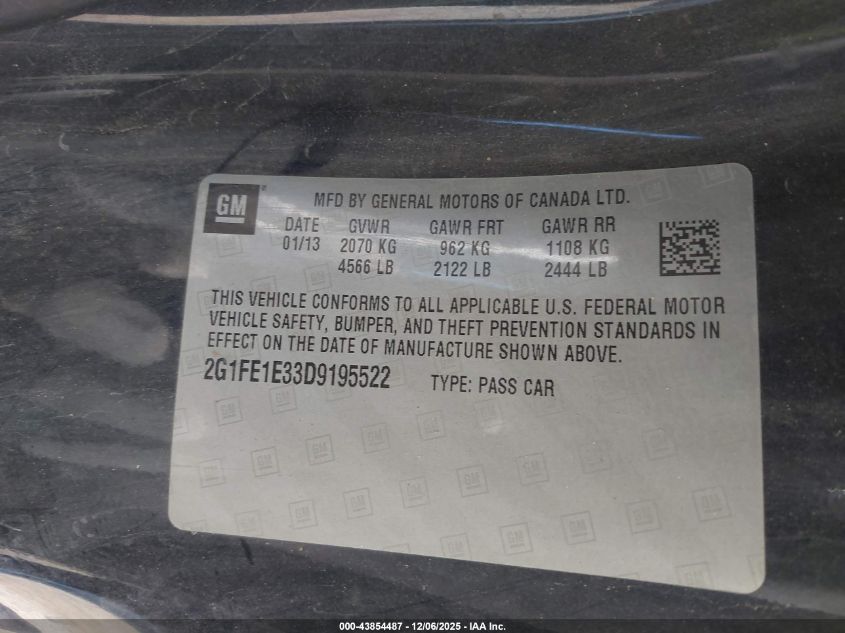 2013 Chevrolet Camaro 1Ls VIN: 2G1FE1E33D9195522 Lot: 43854487