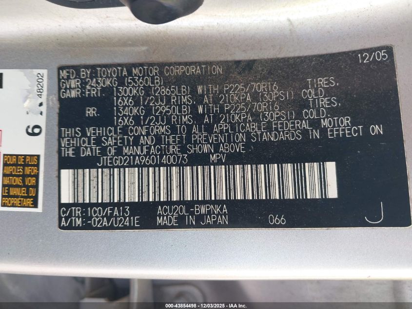 2006 Toyota Highlander VIN: JTEGD21A960140073 Lot: 43854498