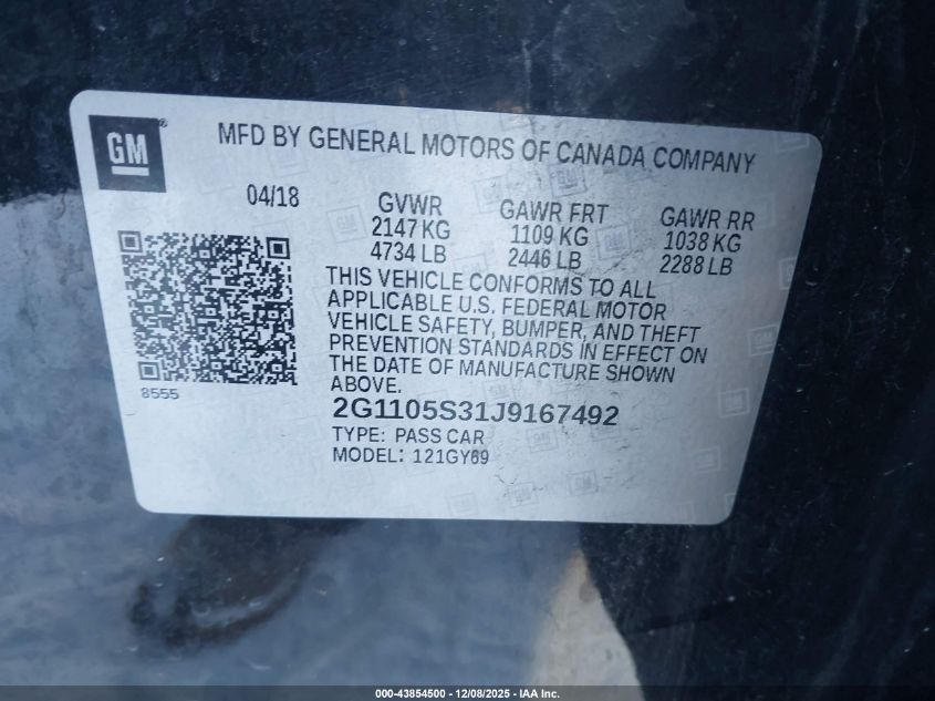 2018 Chevrolet Impala 1Lt VIN: 2G1105S31J9167492 Lot: 43854500