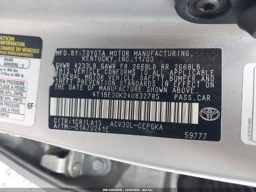 2004 Toyota Camry Xle VIN: 4T1BE30K24U832785 Lot: 43854518