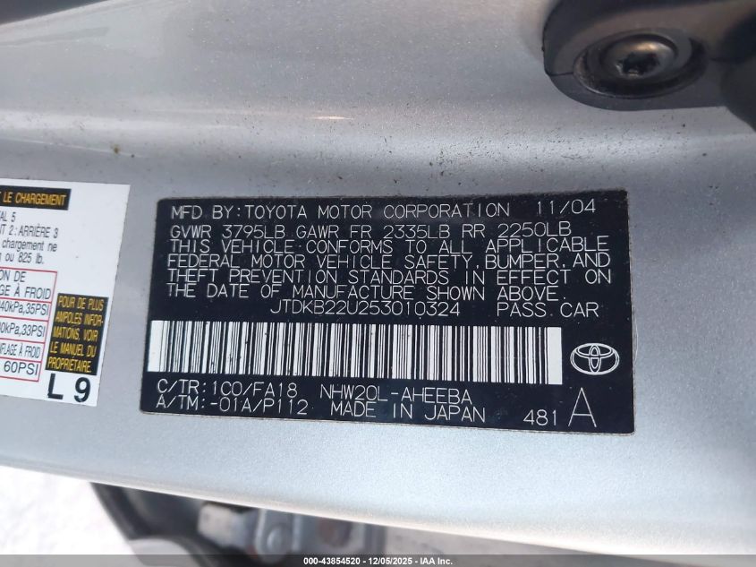 2005 Toyota Prius VIN: JTDKB22U253010324 Lot: 43854520