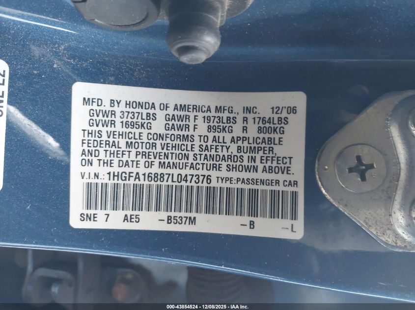 2007 Honda Civic Ex VIN: 1HGFA16887L047376 Lot: 43854524