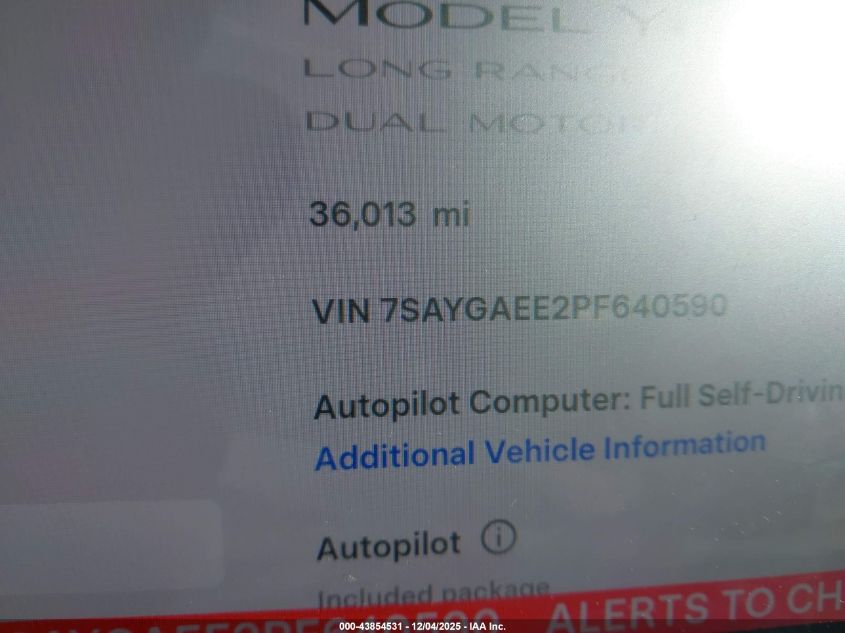 2023 Tesla Model Y Awd/Long Range Dual Motor All-Wheel Drive VIN: 7SAYGAEE2PF640590 Lot: 43854531