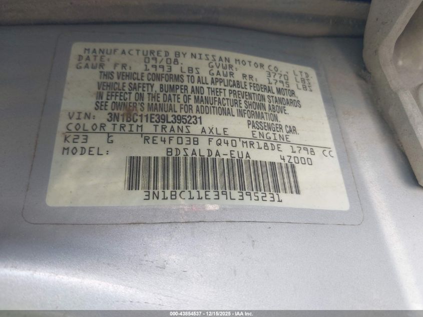 2009 Nissan Versa 1.8S VIN: 3N1BC11E39L395231 Lot: 43854537