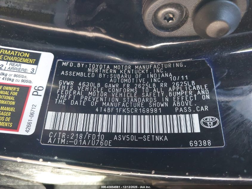 2012 Toyota Camry Le VIN: 4T4BF1FK5CR168981 Lot: 43854561