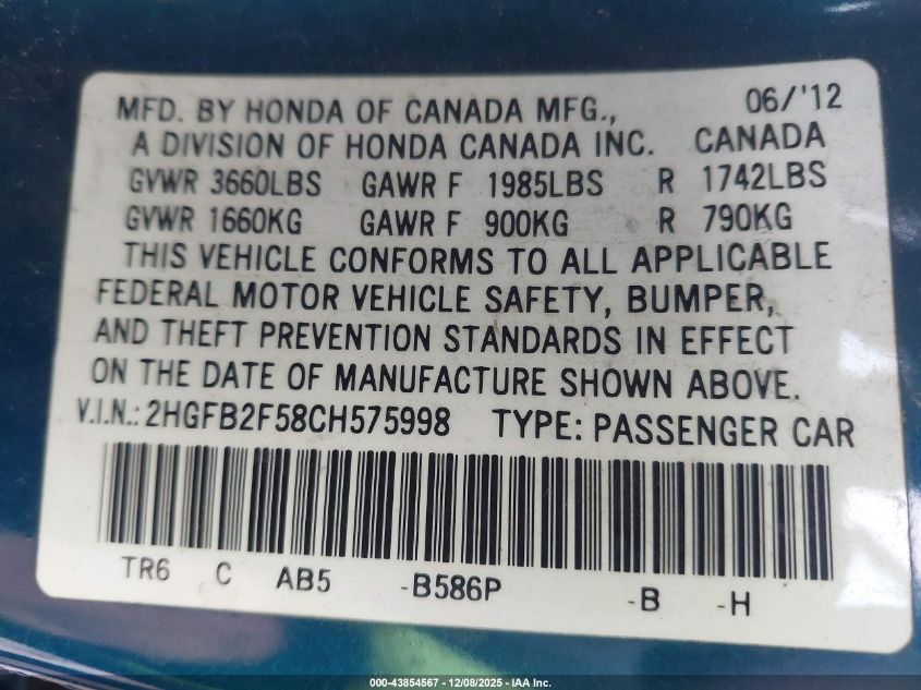 2012 Honda Civic Lx VIN: 2HGFB2F58CH575998 Lot: 43854567