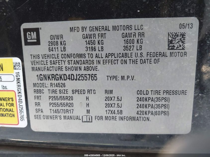 2013 Chevrolet Traverse 1Lt VIN: 1GNKRGKD4DJ255765 Lot: 43854569