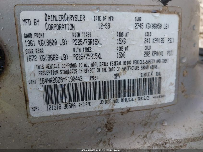 2000 Dodge Durango VIN: 1B4HR28Z9YF190443 Lot: 43854573