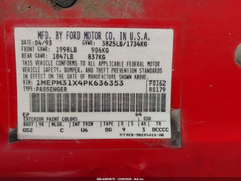 1993 Mercury Topaz Gs VIN: 1MEPM31X4PK636353 Lot: 43854578