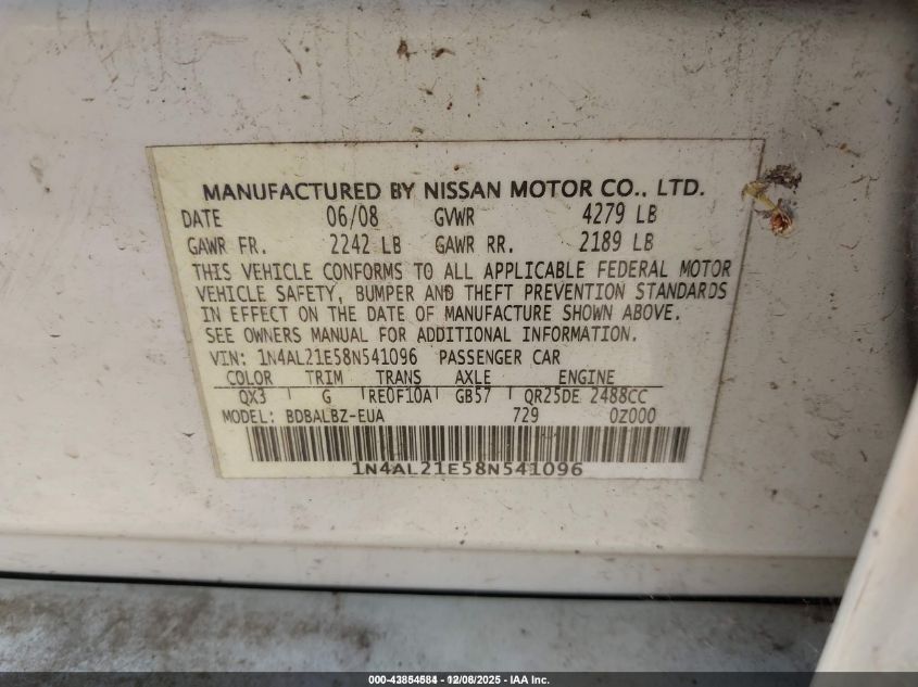 2008 Nissan Altima 2.5 S VIN: 1N4AL21E58N541096 Lot: 43854584
