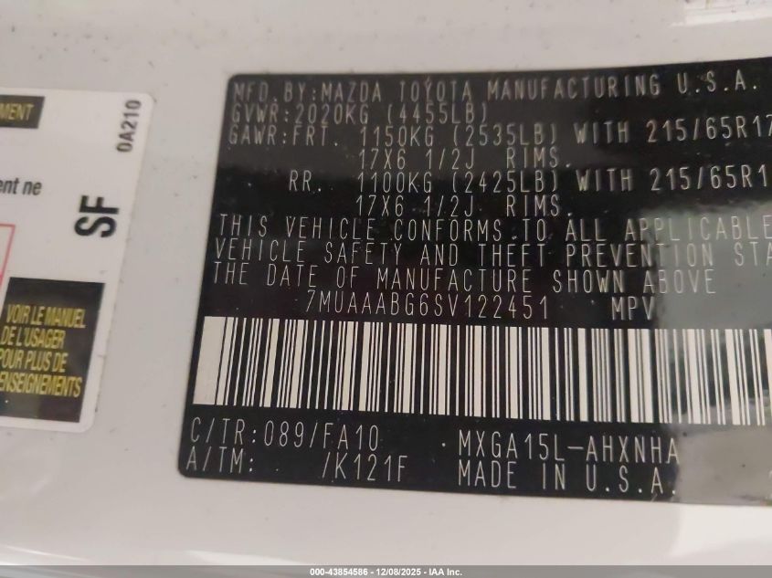 2025 Toyota Corolla Cross L VIN: 7MUAAABG6SV122451 Lot: 43854586