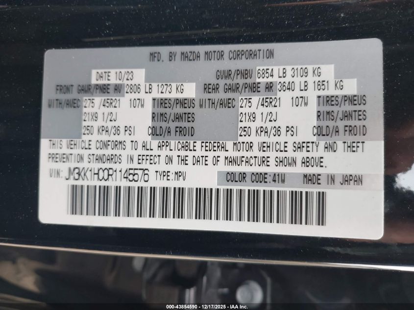 2024 Mazda Cx-90 3.3 Turbo S VIN: JM3KK1HC0R1145576 Lot: 43854590
