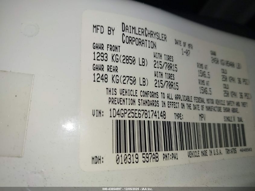 2007 Dodge Caravan Se VIN: 1D4GP25E67B174148 Lot: 43854597