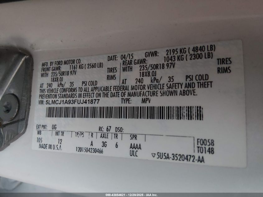 2015 Lincoln Mkc VIN: 5LMCJ1A93FUJ41877 Lot: 43854621