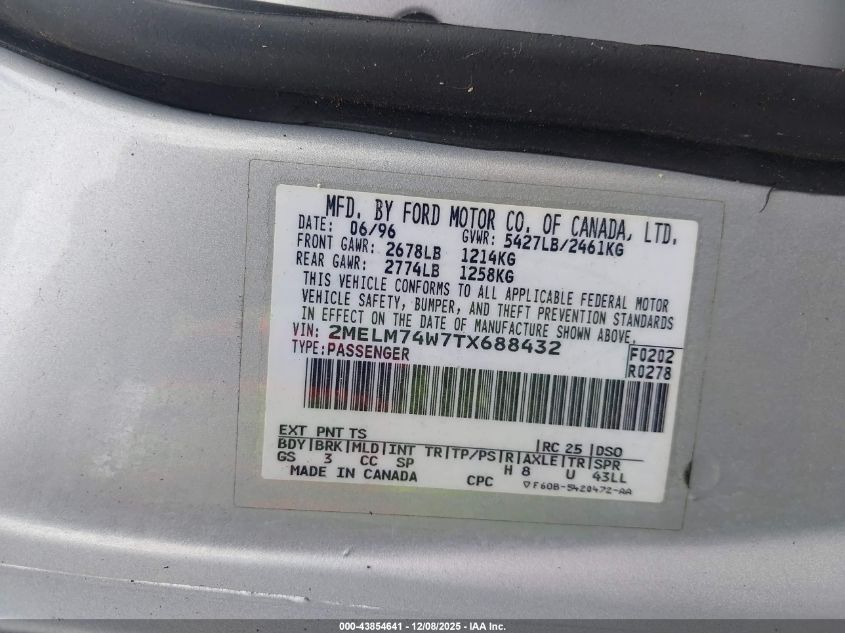 1996 Mercury Grand Marquis Gs VIN: 2MELM74W7TX688432 Lot: 43854641