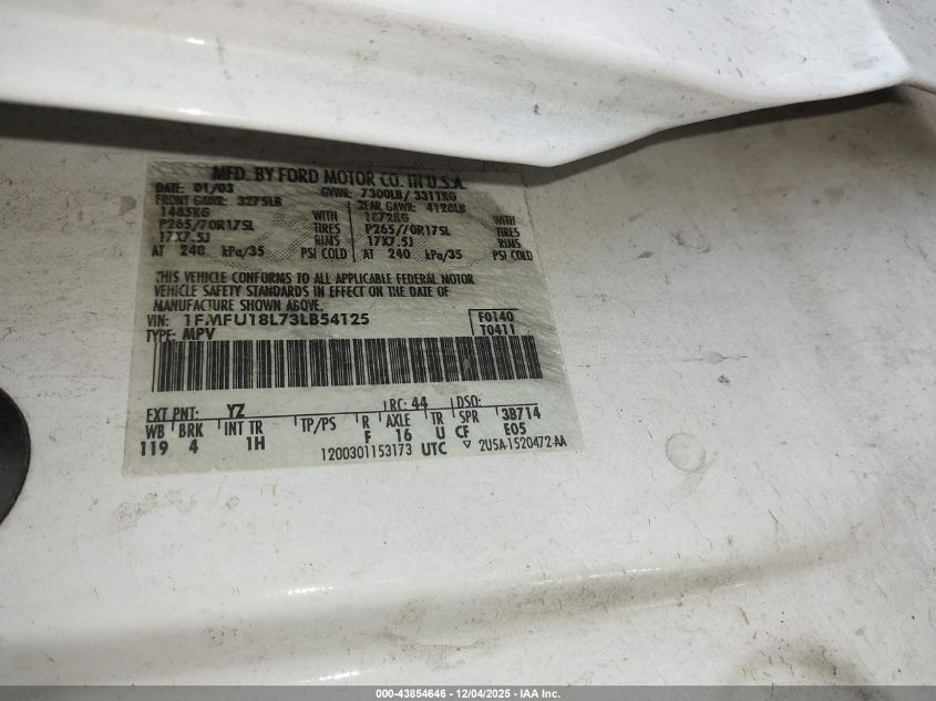 2003 Ford Expedition Eddie Bauer VIN: 1FMFU18L73LB54125 Lot: 43854646