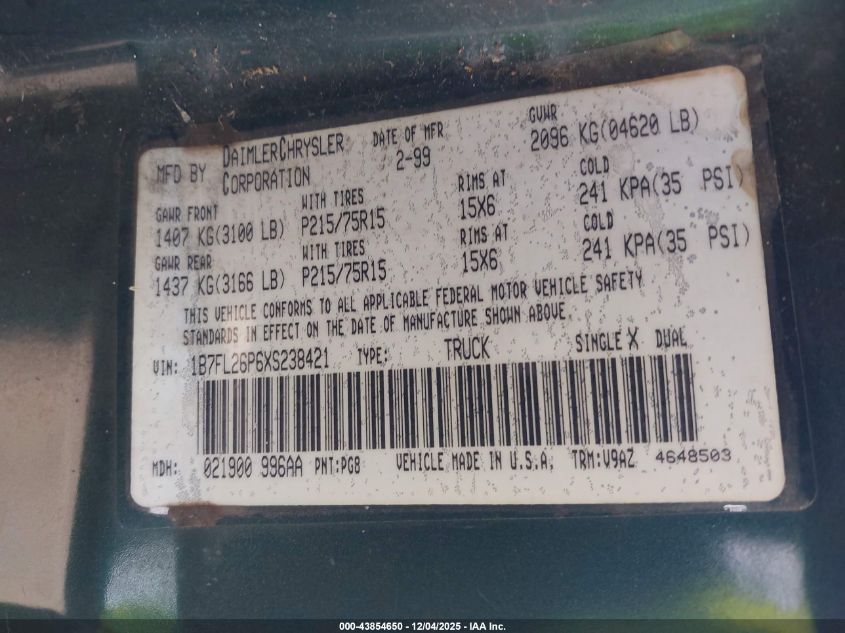 1999 Dodge Dakota Sport VIN: 1B7FL26P6XS238421 Lot: 43854650