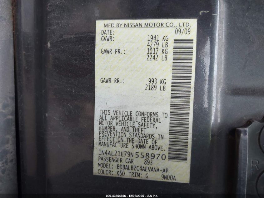 2009 Nissan Altima 2.5 S VIN: 1N4AL21E79N558970 Lot: 43854656