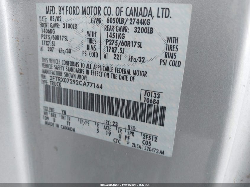 2002 Ford F-150 Xl/Xlt VIN: 2FTRX07292CA77164 Lot: 43854658