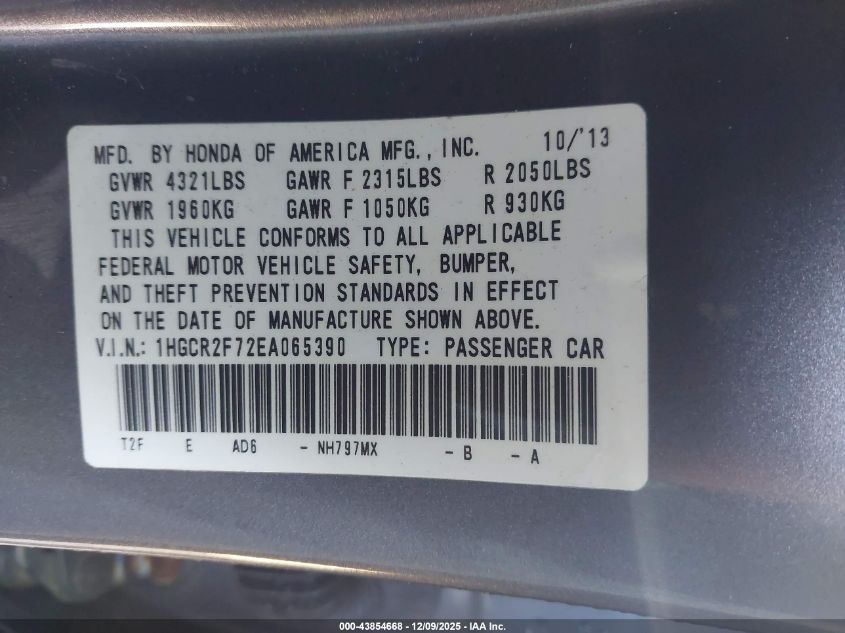 2014 Honda Accord Ex VIN: 1HGCR2F72EA065390 Lot: 43854668