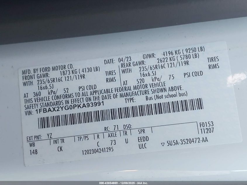 2023 Ford Transit-350 Passenger Van Xlt VIN: 1FBAX2YG0PKA93991 Lot: 43854669