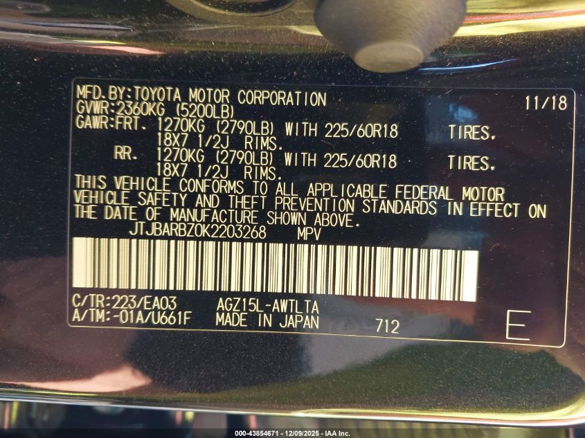 2019 Lexus Nx 300 VIN: JTJBARBZ0K2203268 Lot: 43854671