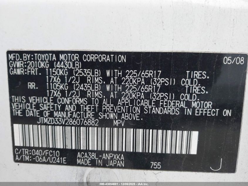 2008 Toyota Rav4 VIN: JTMZD33V286076882 Lot: 43854681