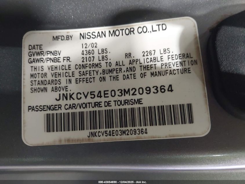 2003 Infiniti G35 Base W/6 Speed Manual VIN: JNKCV54E03M209364 Lot: 43854698