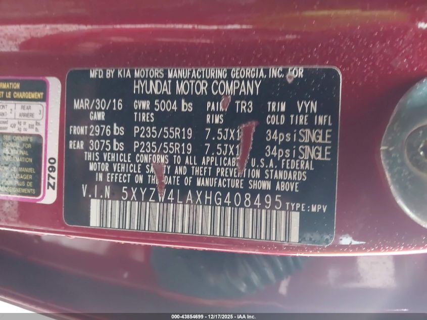 2017 Hyundai Santa Fe Sport 2.0T Ultimate VIN: 5XYZW4LAXHG408495 Lot: 43854699