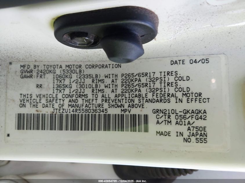 2005 Toyota 4Runner Sr5 V6 VIN: JTEZU14R558036345 Lot: 43854709