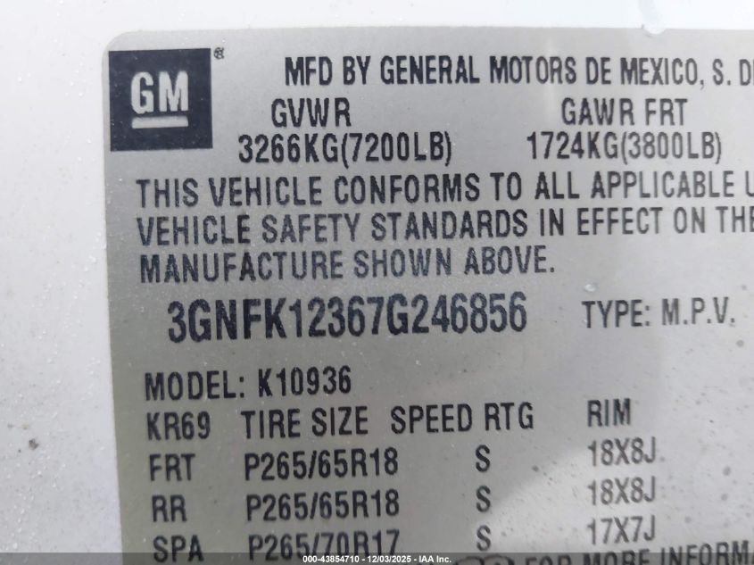 2007 Chevrolet Avalanche 1500 Lt VIN: 3GNFK12367G246856 Lot: 43854710