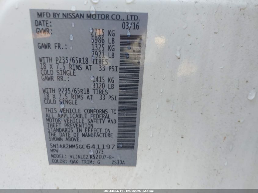 2016 Nissan Pathfinder Platinum/S/Sl/Sv VIN: 5N1AR2MM5GC641197 Lot: 43854711