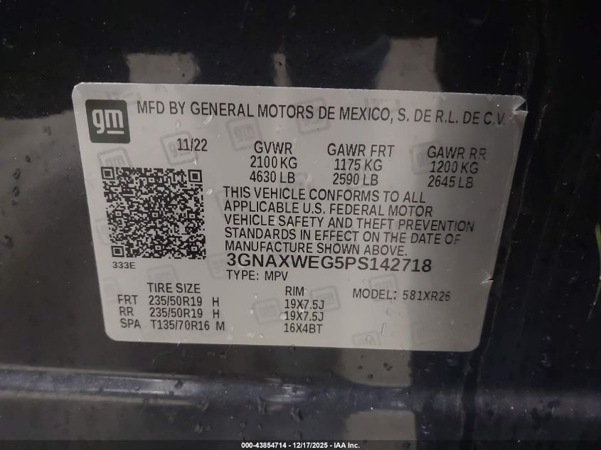 2023 Chevrolet Equinox Awd Rs VIN: 3GNAXWEG5PS142718 Lot: 43854714