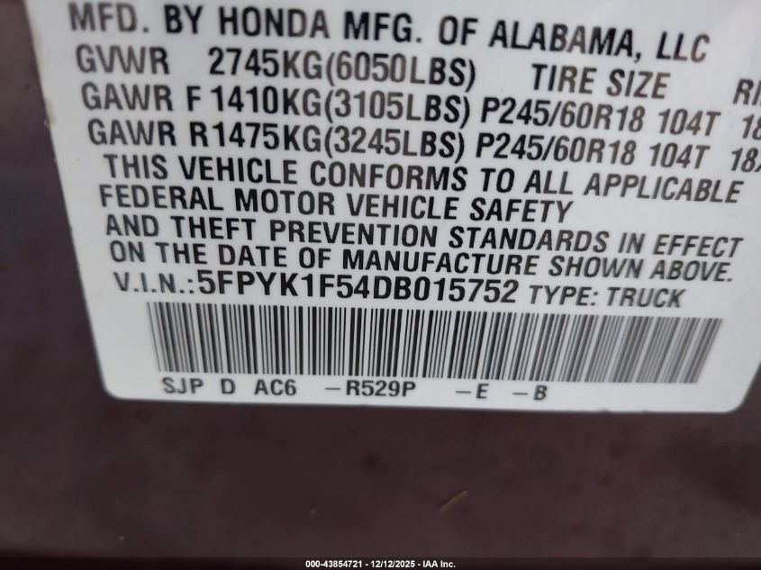 2013 Honda Ridgeline Rtl VIN: 5FPYK1F54DB015752 Lot: 43854721