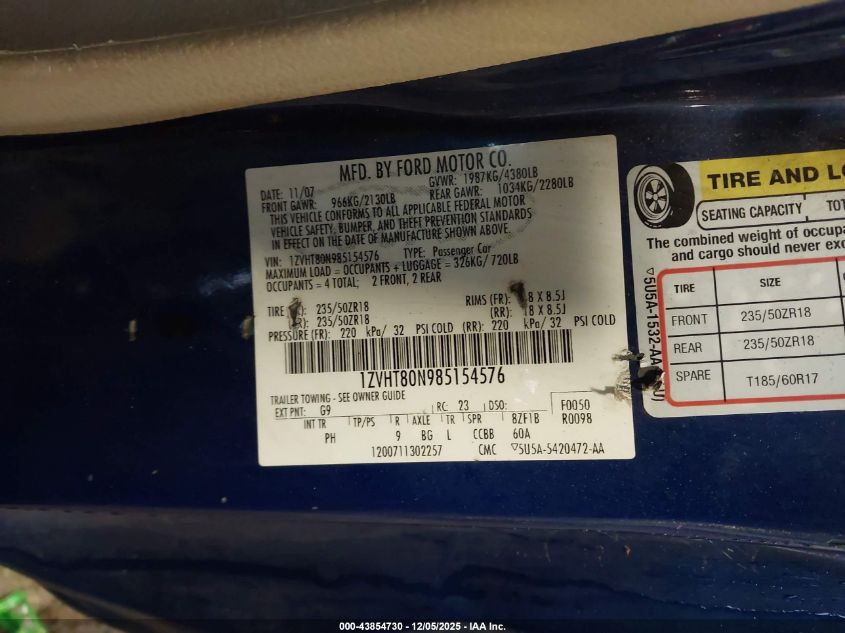 2008 Ford Mustang V6 Premium VIN: 1ZVHT80N985154576 Lot: 43854730