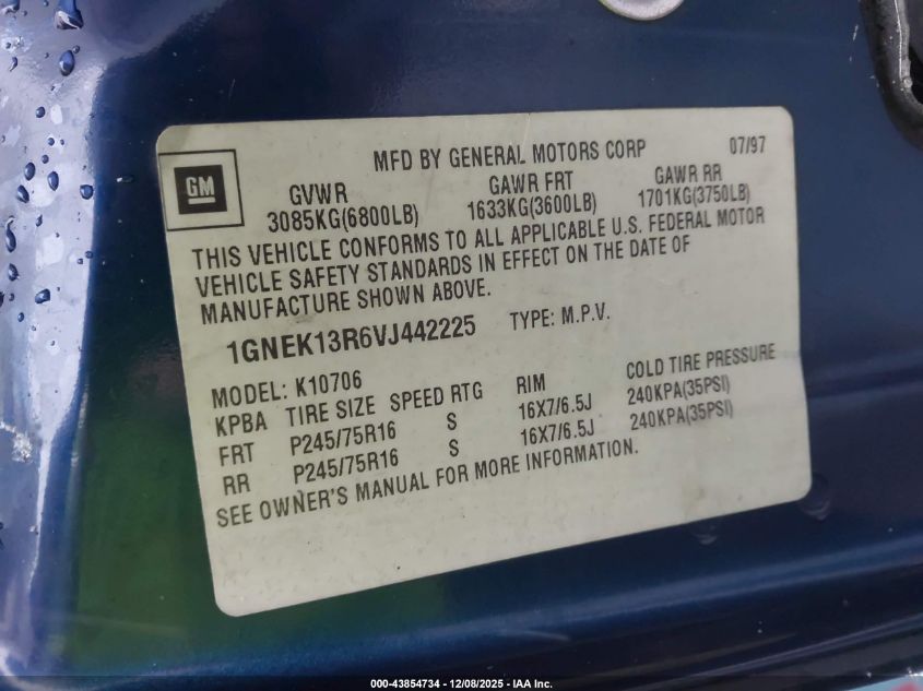 1997 Chevrolet Tahoe Ls VIN: 1GNEK13R6VJ442225 Lot: 43854734