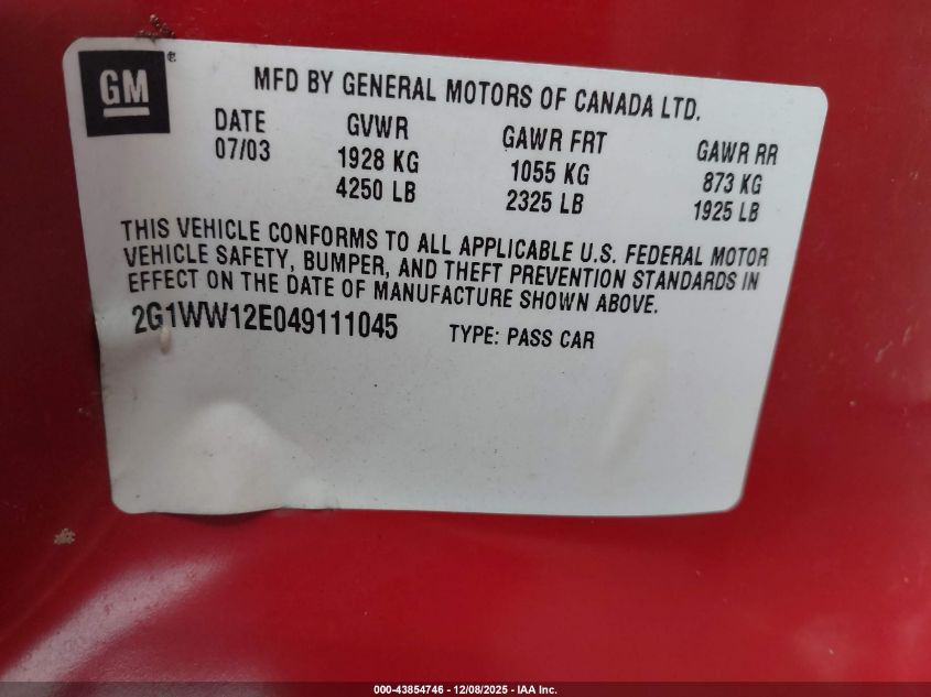 2004 Chevrolet Monte Carlo Ls VIN: 2G1WW12E049111045 Lot: 43854746