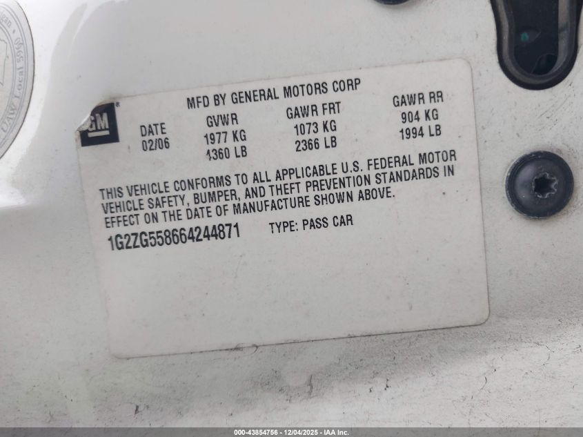 2006 Pontiac G6 VIN: 1G2ZG558664244871 Lot: 43854756