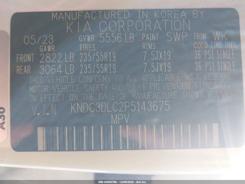 2023 Kia Ev6 Wind VIN: KNDC3DLC2P5143675 Lot: 43854766