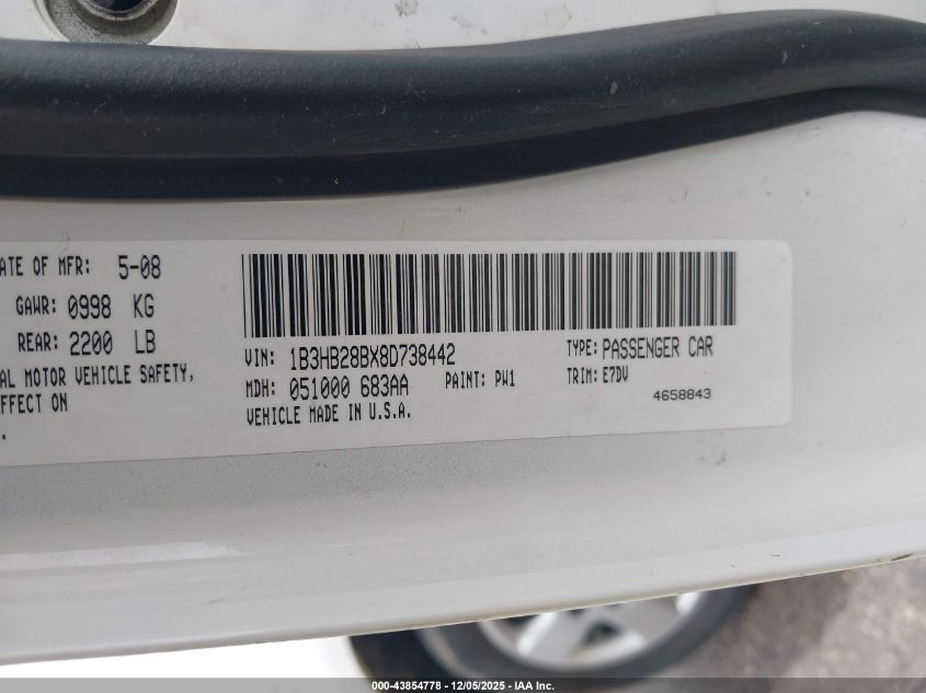 2008 Dodge Caliber Se VIN: 1B3HB28BX8D738442 Lot: 43854778