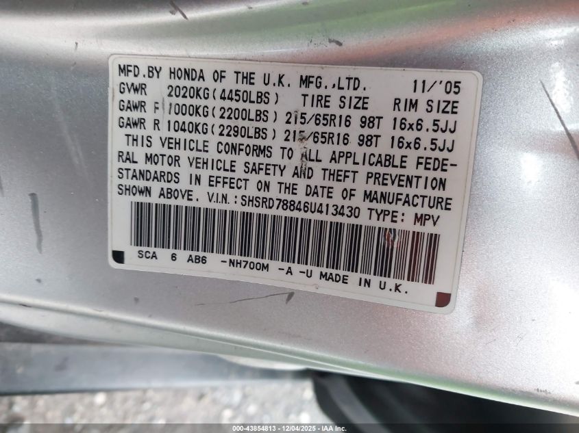 2006 Honda Cr-V Ex VIN: SHSRD78846U413430 Lot: 43854813